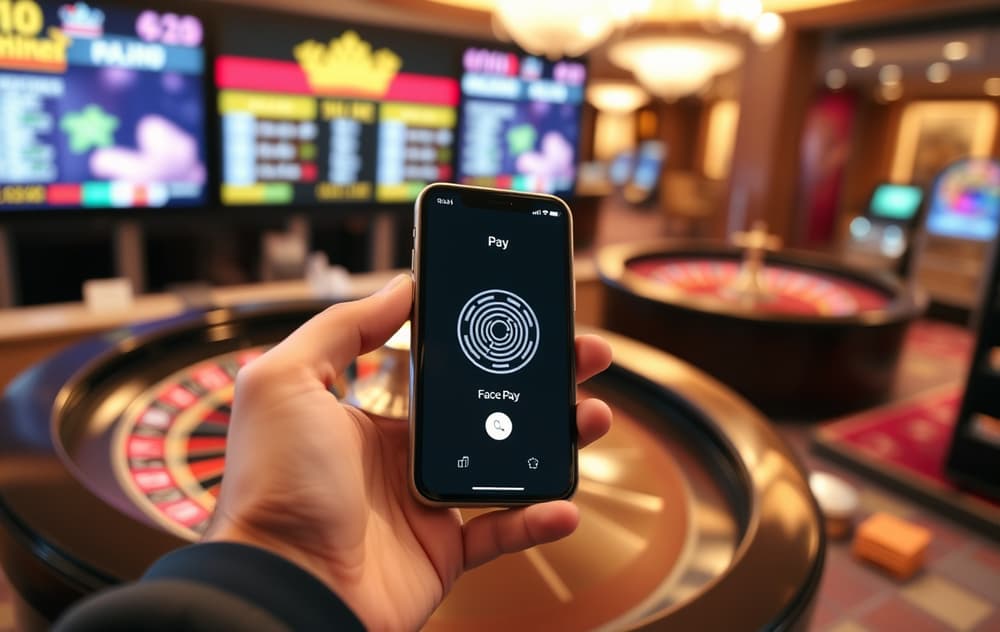 Person som bruker Apple Pay på iPhone for å sette inn penger på et nettcasino, med ruletthjul i bakgrunnen.