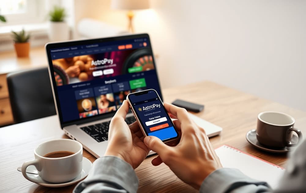Bruker som setter inn penger på et nettcasino via AstroPay-appen på mobiltelefon.