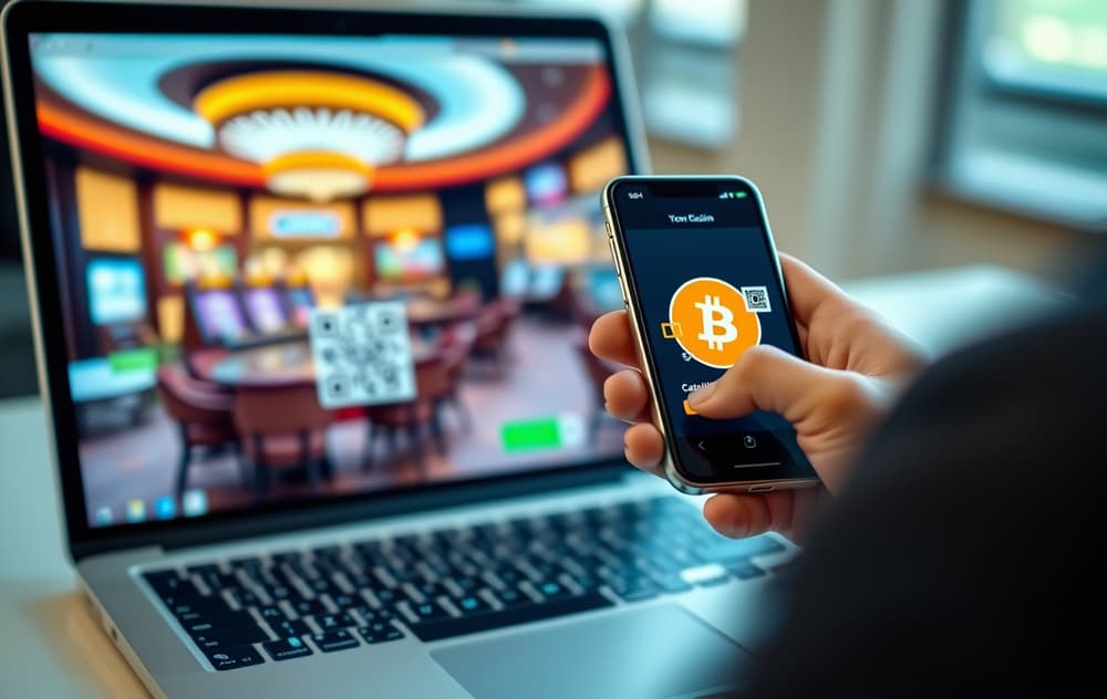 Person som skanner en QR-kode fra en laptop med en mobiltelefon for å sette inn Bitcoin på et nettcasino.