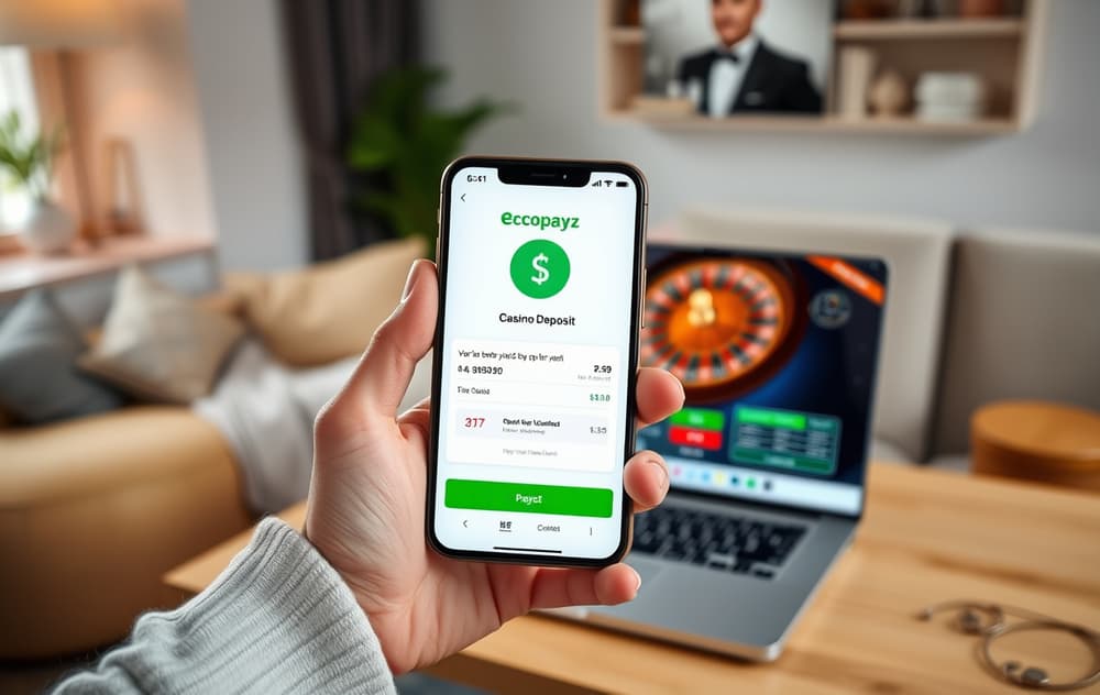 Person som bruker Ecopayz-appen for å sette inn penger på et nettcasino.