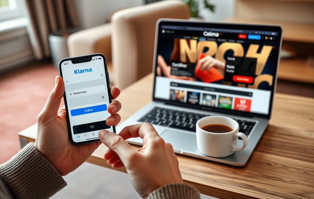 Person som bruker Klarna-appen på mobil for å sette inn penger på et nettcasino, med laptop i bakgrunnen.