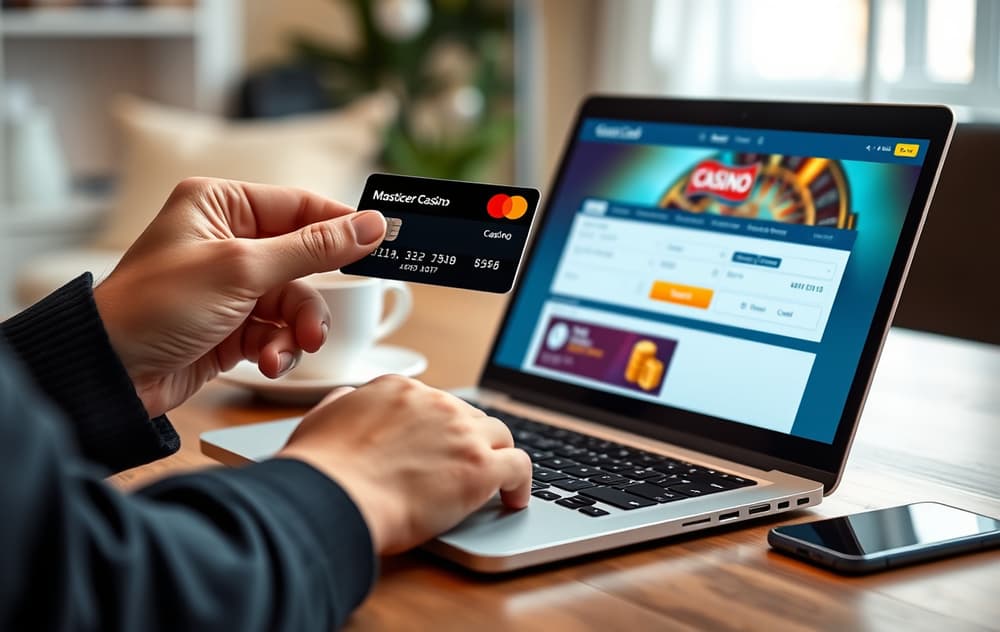 En person som holder et Mastercard debetkort ved siden av en bærbar PC med casino kasse åpen
