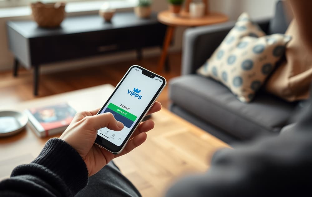 Person med mobiltelefon som viser casinoinnskudd via Vipps – illustrasjon av mobilbetaling på norsk casino.