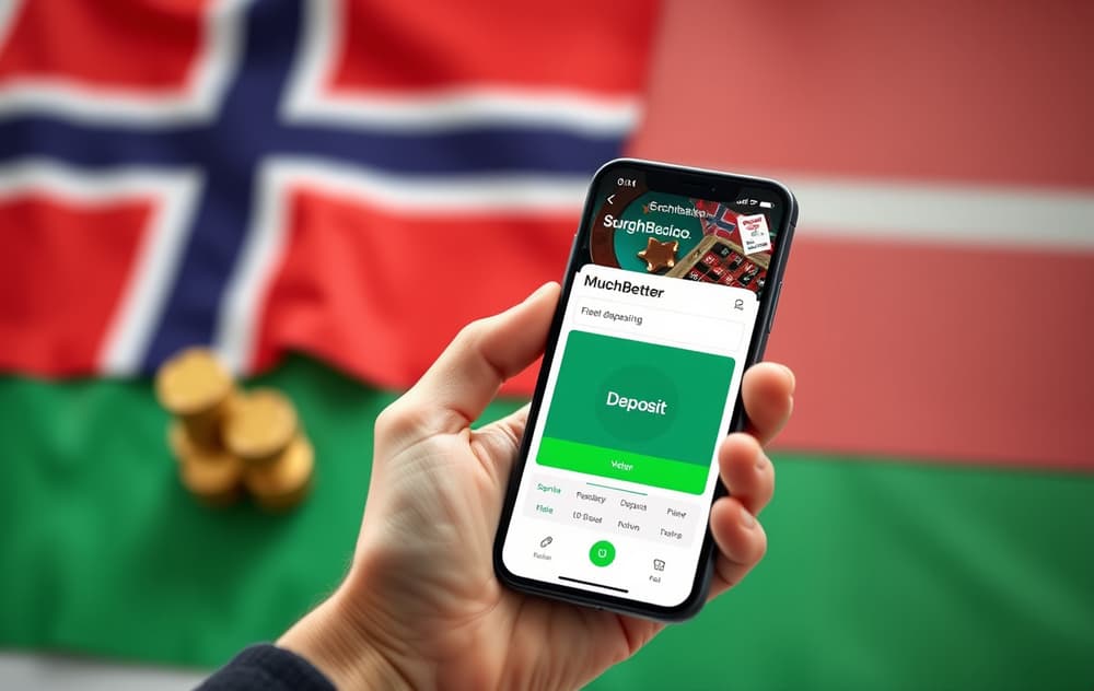 Person med MuchBetter-app på mobil, viser innskudd til nettcasino.