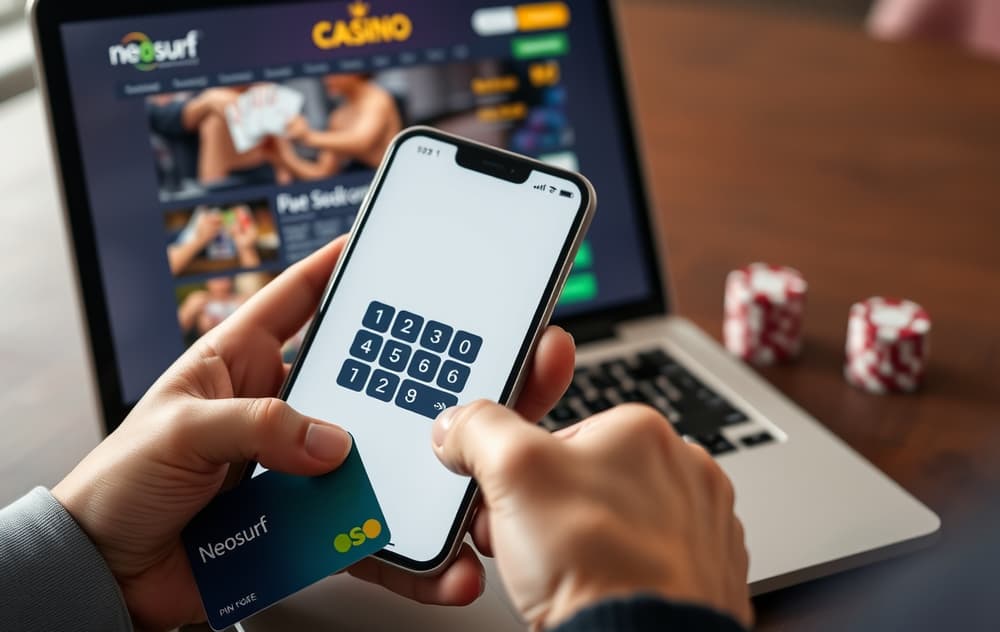 Person som holder en mobiltelefon med Neosurf-PIN, ved siden av en laptop med casino-kasse åpen