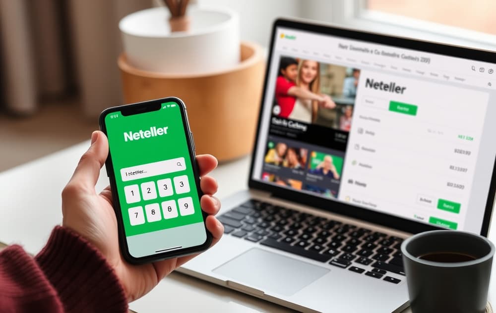 Person med mobiltelefon som viser Neteller-appen ved siden av en bærbar PC med casinoets kasse.