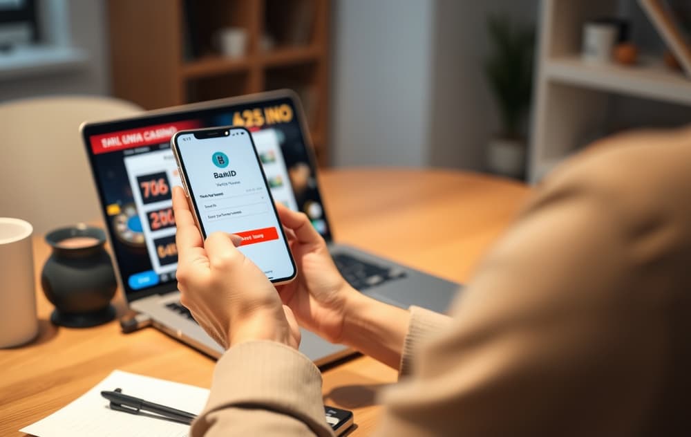 Person som bruker BankID på mobil for å sette inn penger på et nettcasino