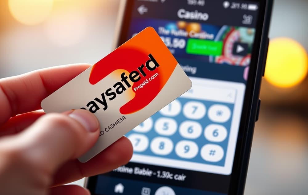 Hånd som holder et Paysafecard-kort foran en mobilskjerm med casino-kasse.