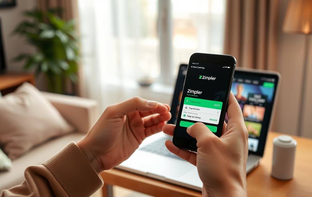 Person som betaler med Zimpler på mobilen foran et casino på PC