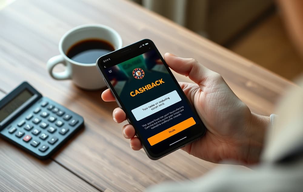 En person holder en mobiltelefon som viser en cashback-melding fra et casino, med kalkulator og kaffekopp på bordet.