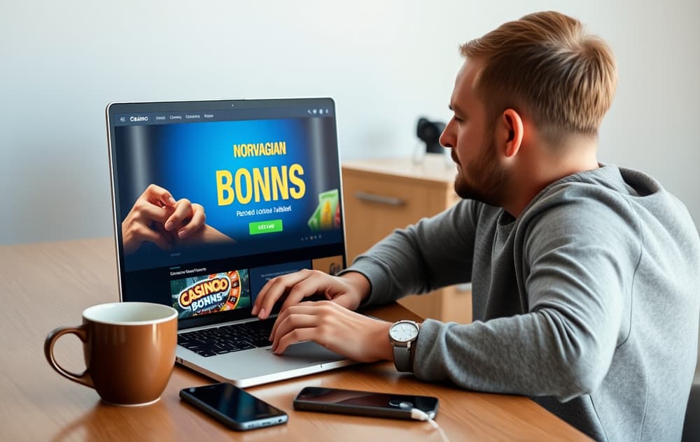 Norsk person som vurderer innskuddsbonus på laptop, med kaffekopp og mobiltelefon på skrivebordet.