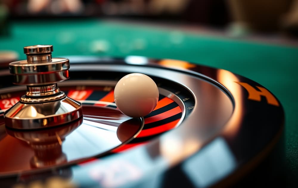 Nærbilde av et roulettehjul med ball og grønt filt
