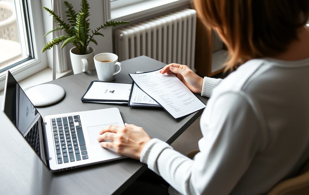 Person som sjekker en liste foran en laptop, skandinavisk interiør