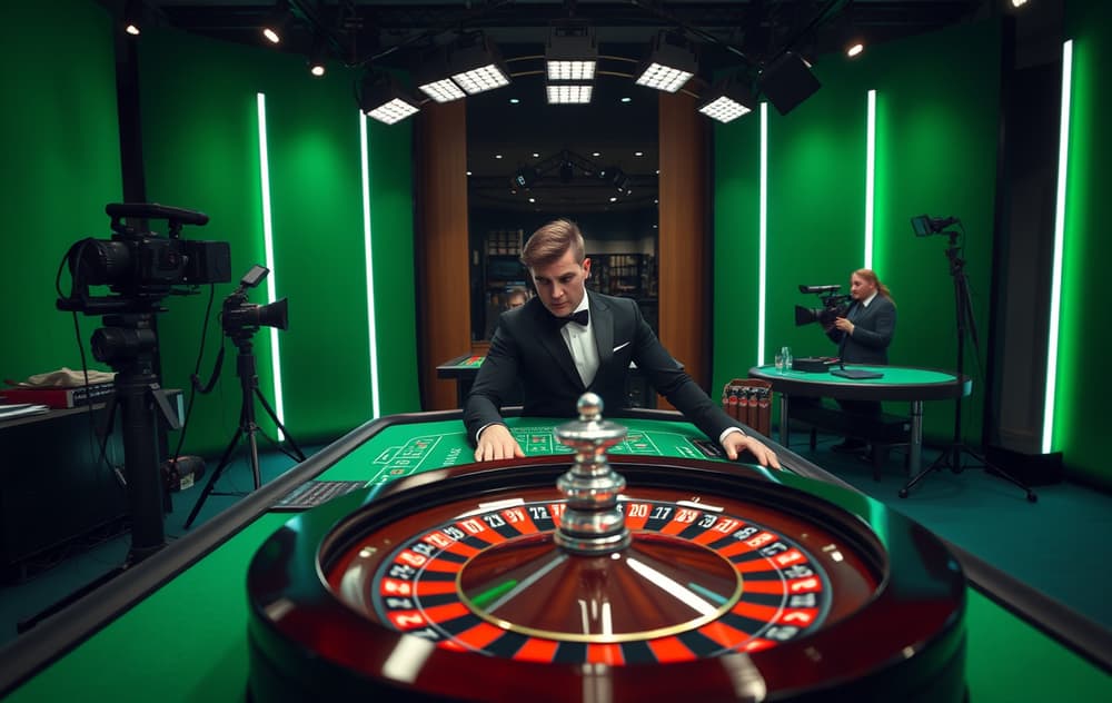 Live dealer studio med en croupier som spinner et roulettehjul, flere kameraer
