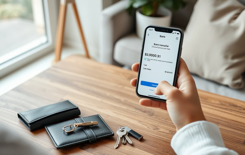 Person som holder en mobiltelefon med en bankoverføringsbekreftelse, lommebok og nøkler på bordet