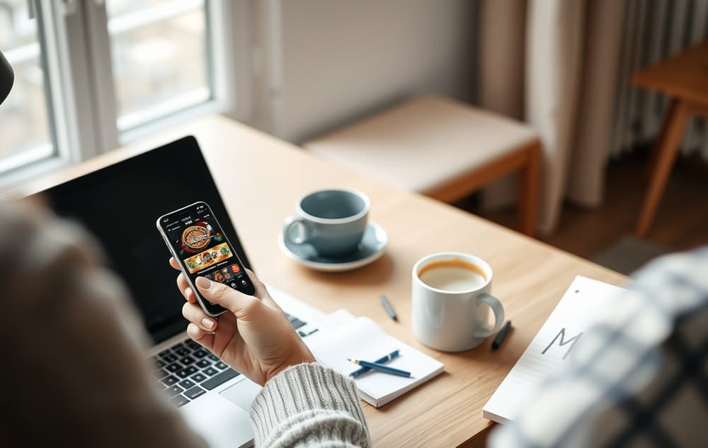 Person som sitter ved et skrivebord med laptop og mobiltelefon, notatblokk med MGA-skrift, kopp kaffe, norsk hjemmeinteriør.