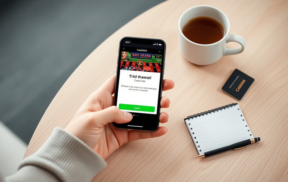 Person med smarttelefon som viser en uttaksbekreftelse fra et casino, med kredittkort og kaffekopp på bordet.