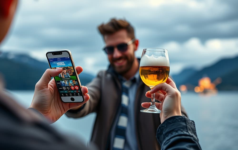 Norsk mobilspiller sammenligner Norsk Tipping og nettcasino på telefonen med fjord i bakgrunnen