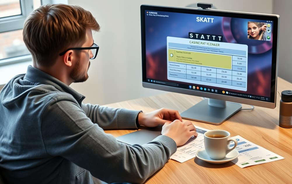 En person sitter ved et skrivebord med en bærbar PC som viser en casino-utbetaling, ved siden av et skatteskjema med teksten SKATT.