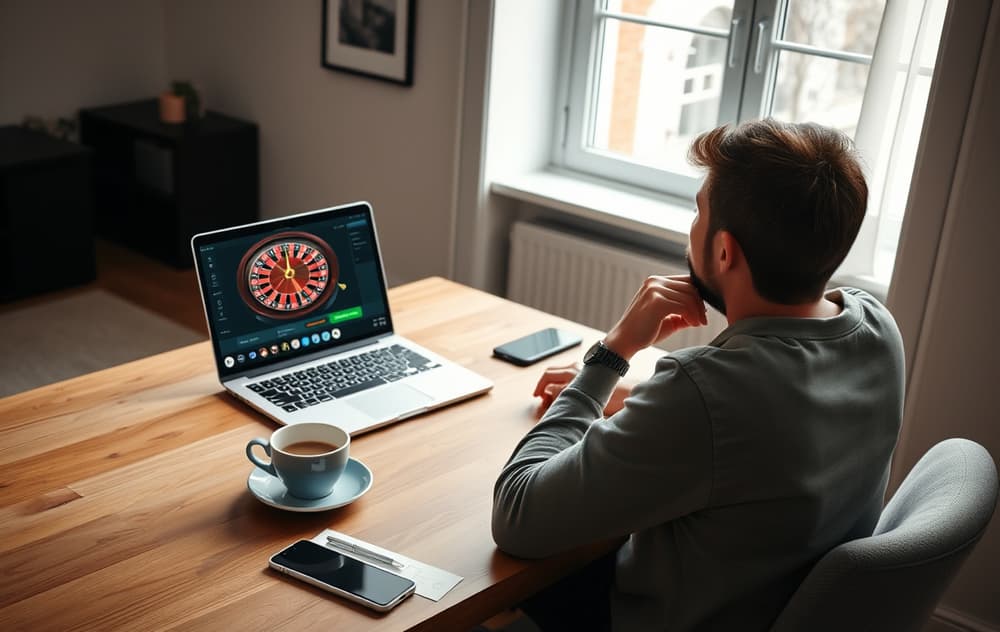 Spiller som vurderer casinoer på laptop med roulette på skjermen i et moderne hjemmekontor