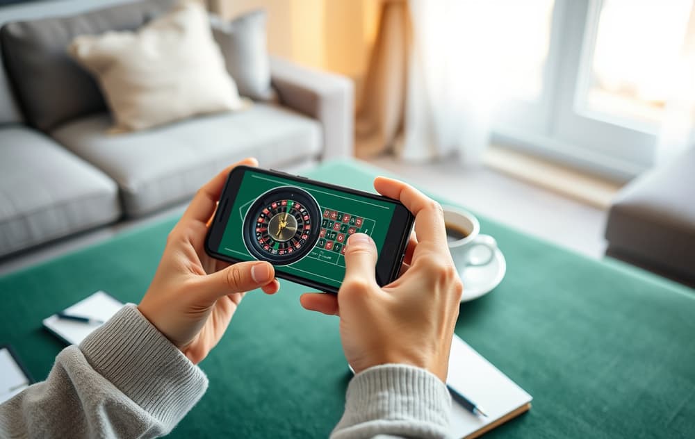 Spiller som spiller roulette på mobiltelefon i stuen