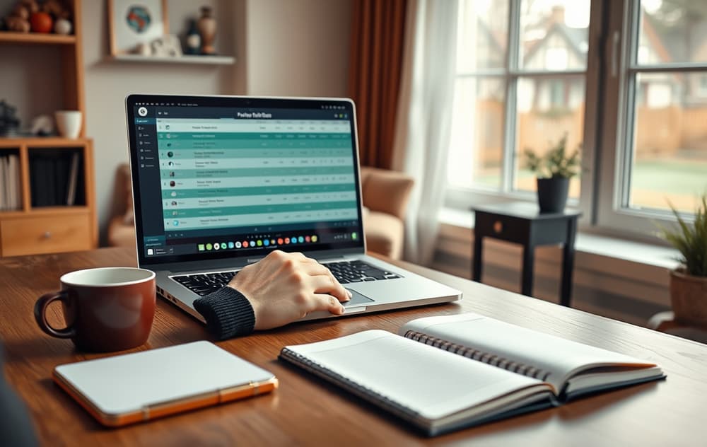 En person som sammenligner odds på en bærbar PC og notatblokk, med kaffekopp og mobiltelefon på pulten.