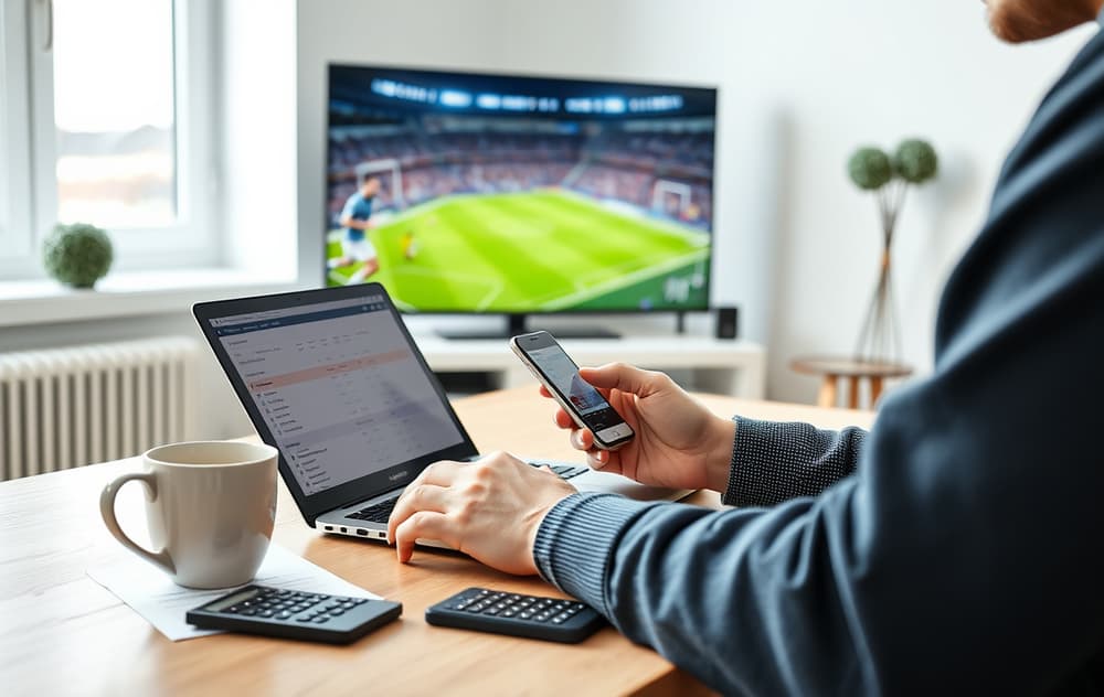 En person sammenligner odds på laptop og mobil, med fotballkamp på TV og kaffekopp på bordet.
