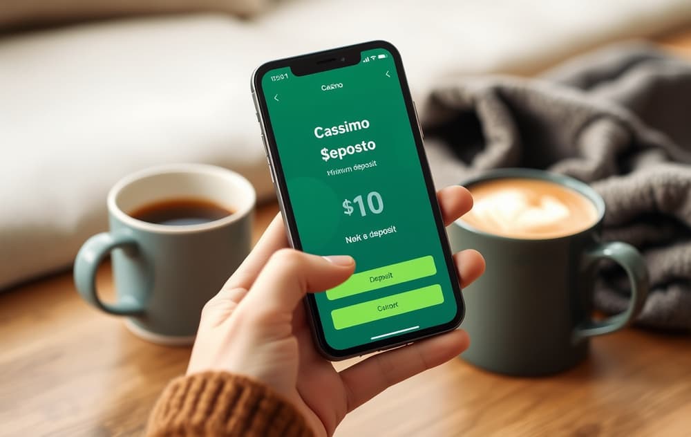 Person med mobil som viser innskudd på 10 kroner på et nettcasino