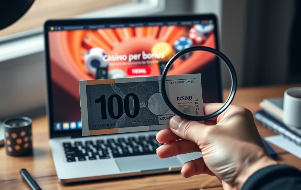 Hånd med 100-kronerseddel foran en dataskjerm med casinobonus og vilkår under lupen.