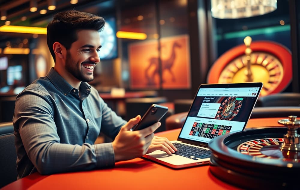 Person som spiller roulette på nettcasino med laptop og mobil, uttak bekreftet