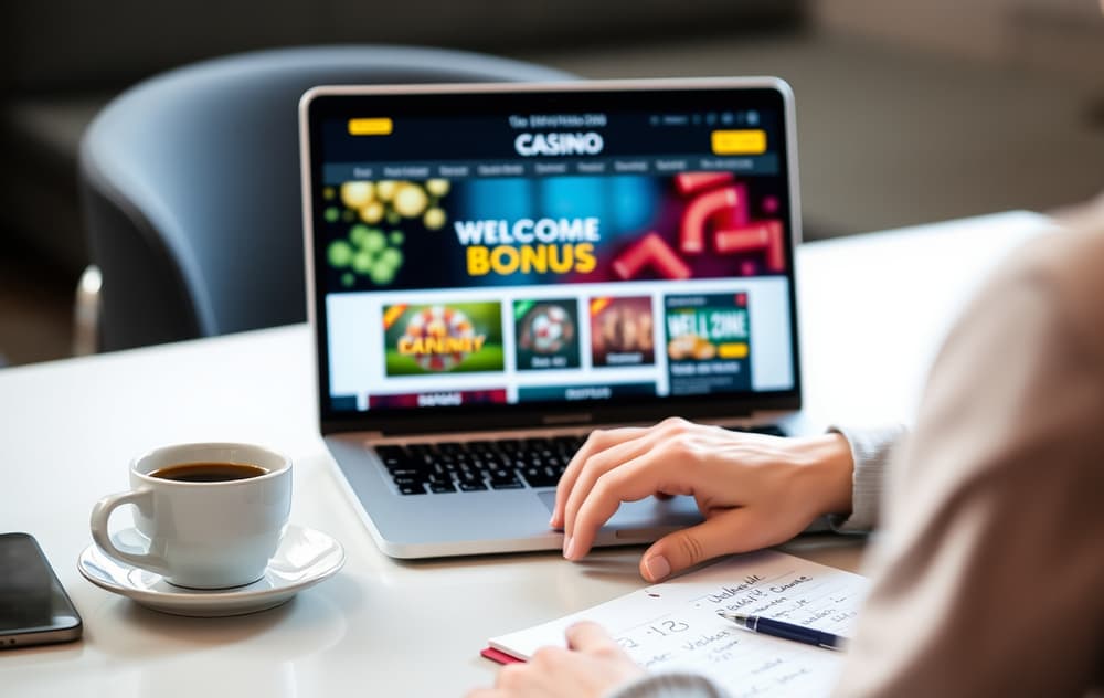 Person som sammenligner casinoer på bærbar PC med notatblokk ved siden av