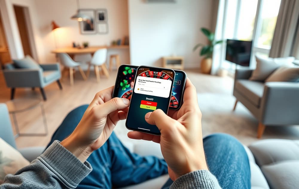 Person som spiller roulette på mobilen med BankID-verifisering i et moderne norsk hjem