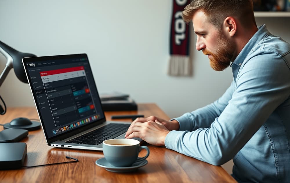 Norsk mann som sjekker fotballodds på en bettingside på laptop