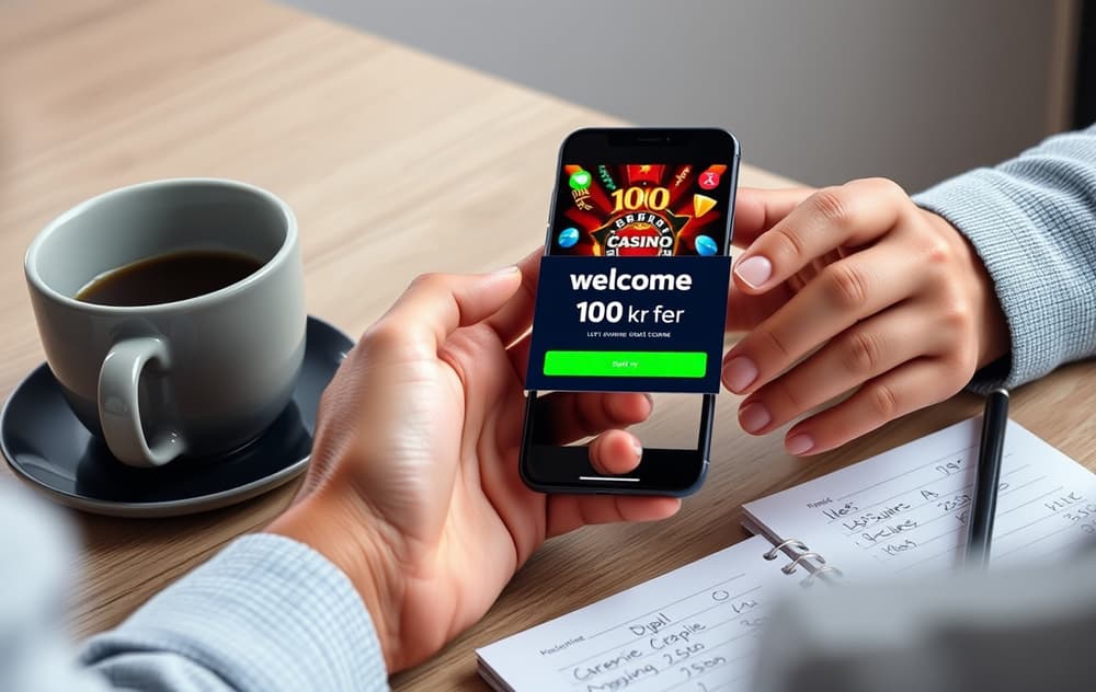 Person med mobil som viser gratisbonus-tilbud, med kaffekopp og notatblokk.