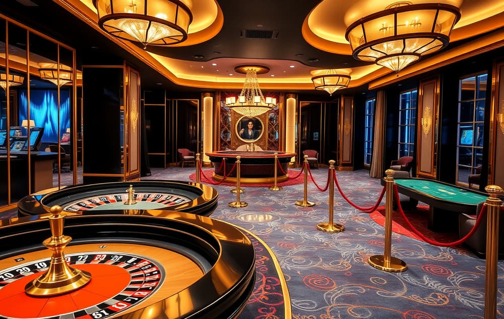 Highroller Casino VIP-område med roulettebord og gullaksenter