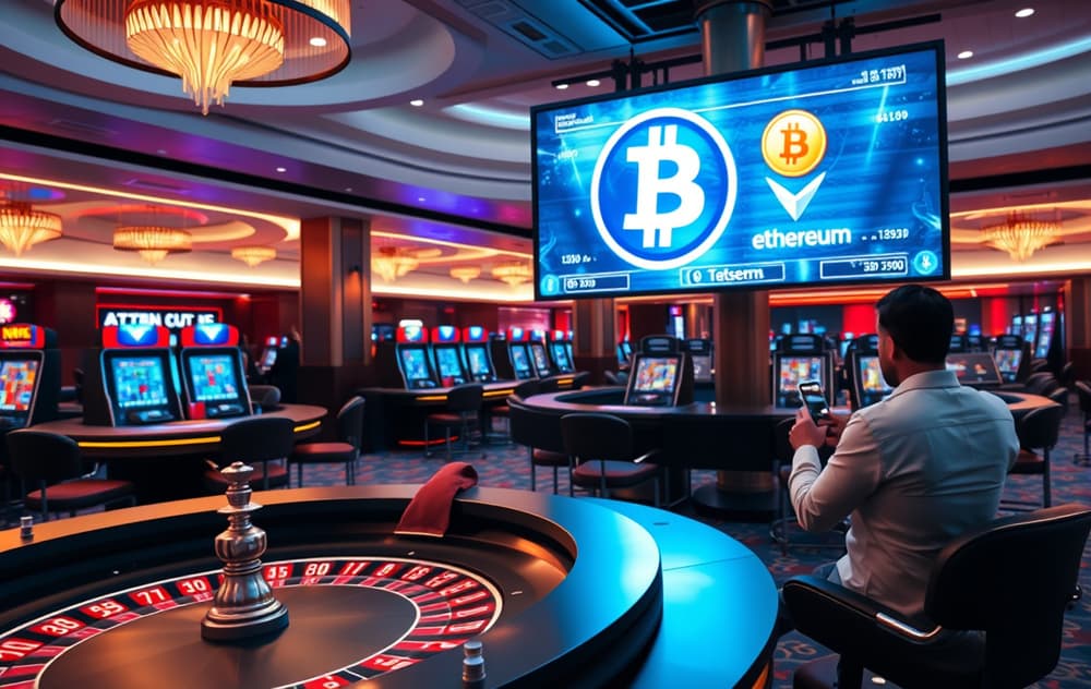 Moderne kryptocasino med digital skjerm som viser kryptovalutaer og roulettebord