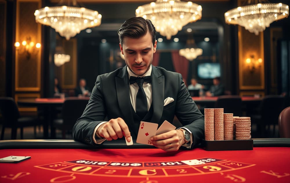 Live casino dealer ved blackjack-bord med direktesending.