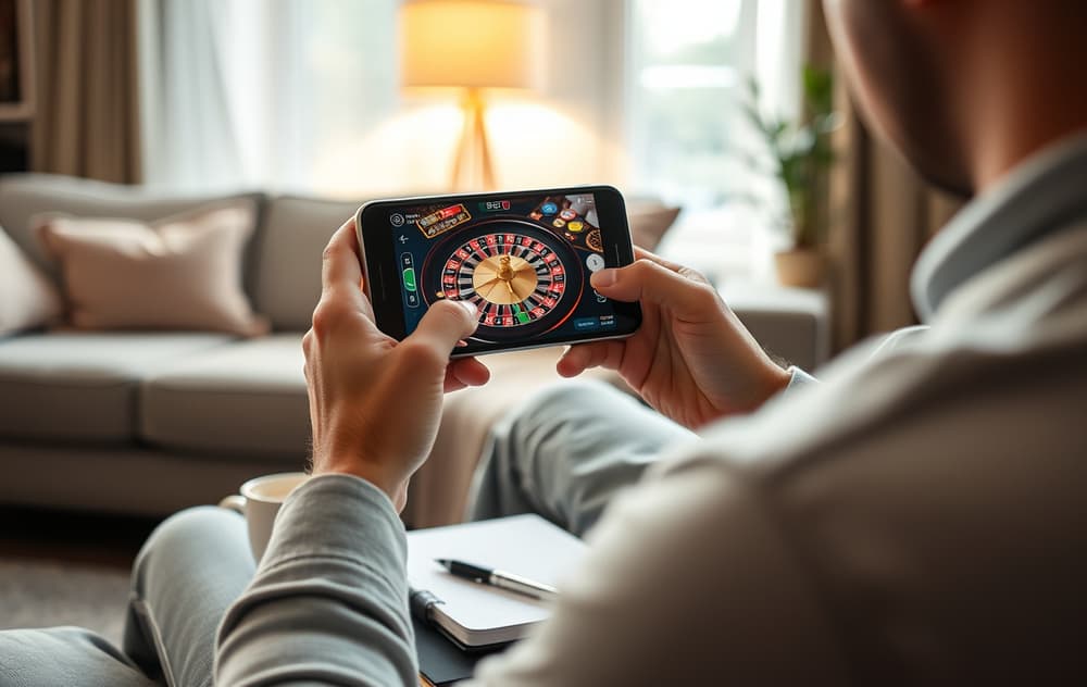 Person spiller roulette på mobil i stuen