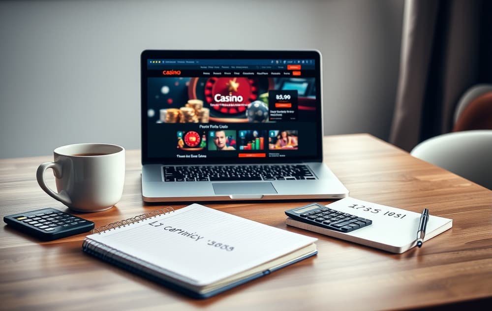 En laptop med et casino på skjermen, kaffekopp, kalkulator og notatbok på et skrivebord