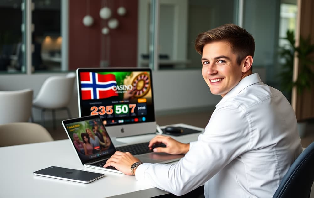 Person som sjekker et norsk casino med lisenslogo på skjermen