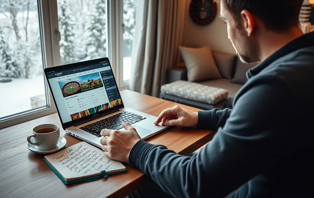 En person som analyserer oddsbonuser på en bærbar PC med notatblokk ved siden av