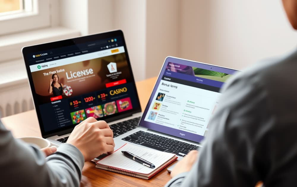 Person som sammenligner casinoer på laptop med kaffekopp og notatblokk.