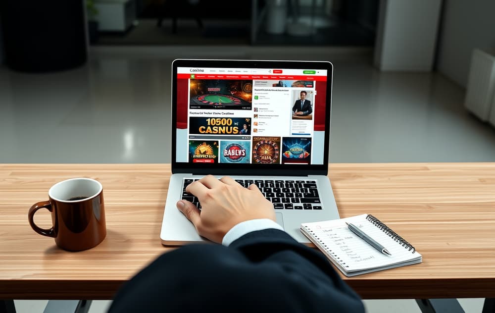 En person som sammenligner to casinoer på en laptop, med notater og kaffekopp på pulten