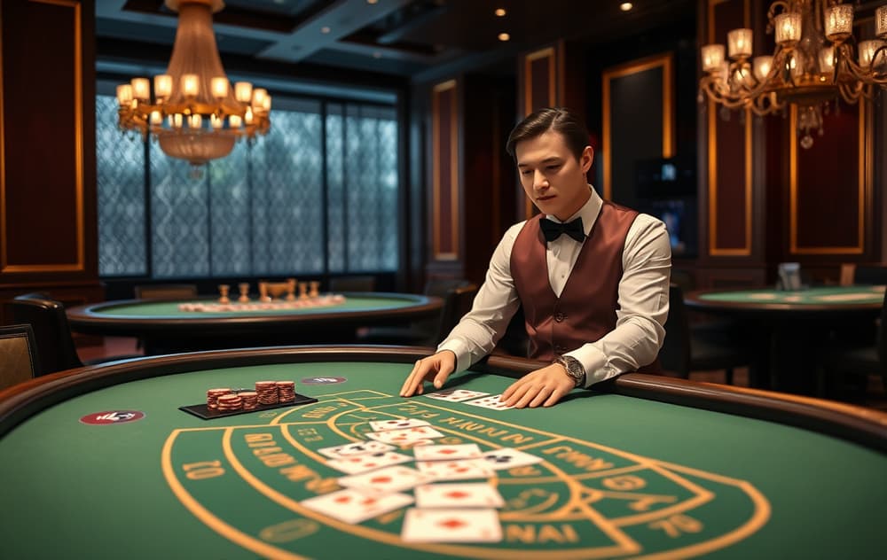 Live baccarat-bord med dealer og kort