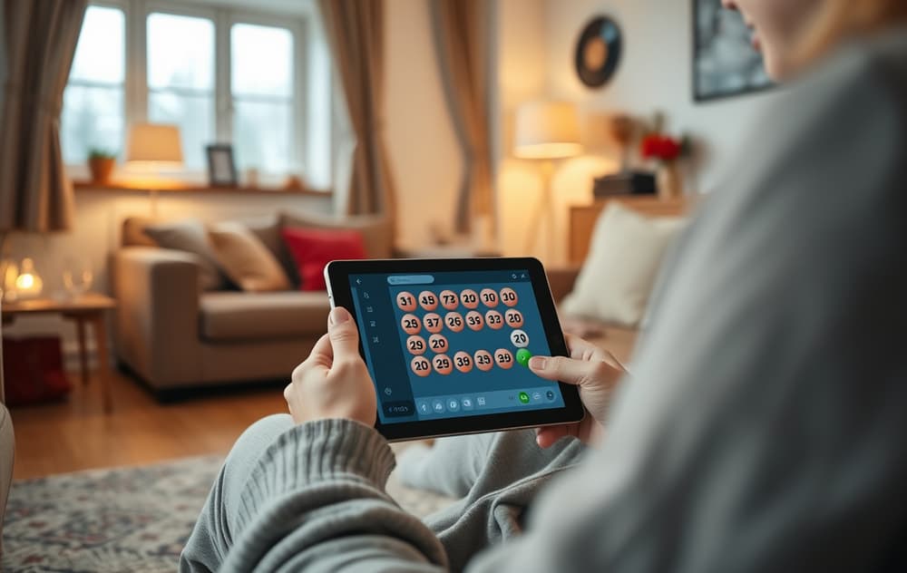 En person spiller bingo på nettbrett i en norsk stue, med bingokort og chattevindu synlig.