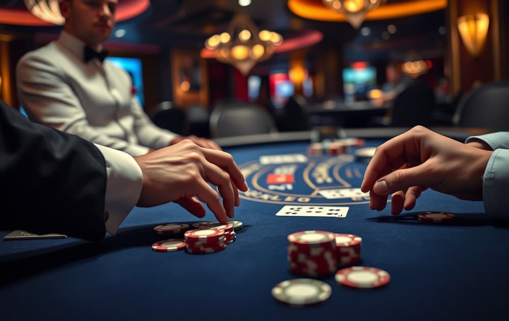 Blackjack-bord med kort og sjetonger i et casino
