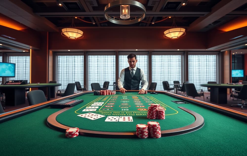 Live dealer blackjack-bord i nettcasino-studio med grønt filt, kort og sjetonger