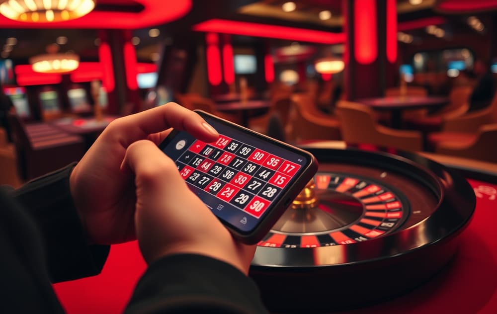 En person spiller roulette på mobilen i et stemningsfullt casino.