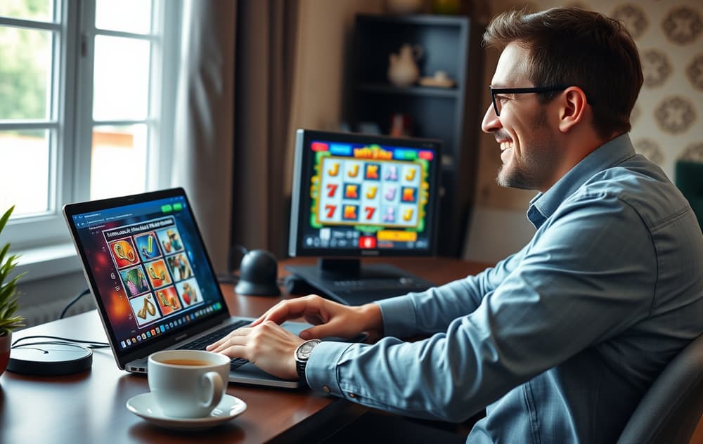 En person spiller en gratis spilleautomat i demomodus på en bærbar PC, med virtuelle kreditter synlig på skjermen.