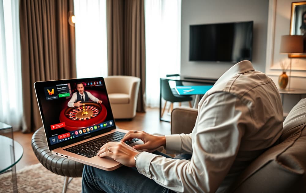 Person spiller live roulette online med dealer på skjermen i en stue